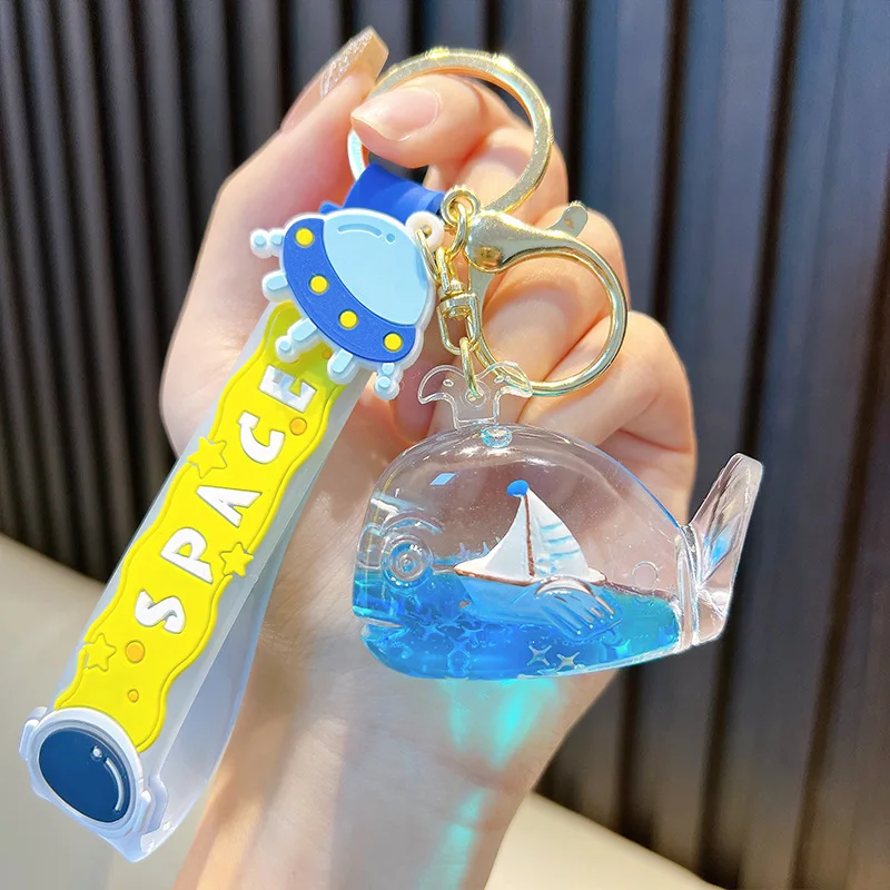 Cartoon Oil Blue Sailboat Whale Quicksand Bottle Key Chain Floating Starfish Sequin Liquid Keychain Space Saucer Pendant Keyring