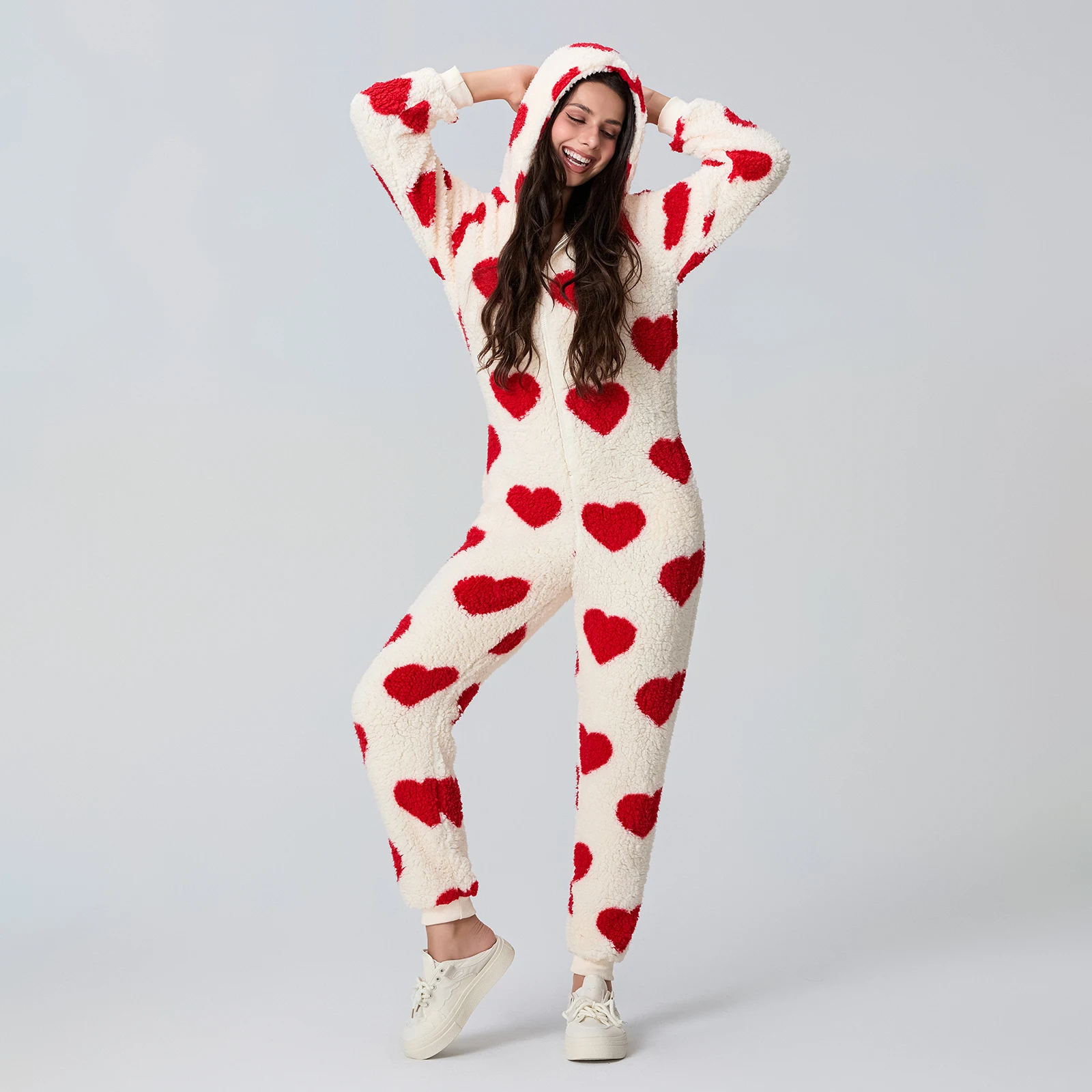 Women's Winter Warm Fleece Jumpsuits Pajamas Set Cute Heart Print Long Sleeve Zip-up Hooded Plush Romper for Sleepwear