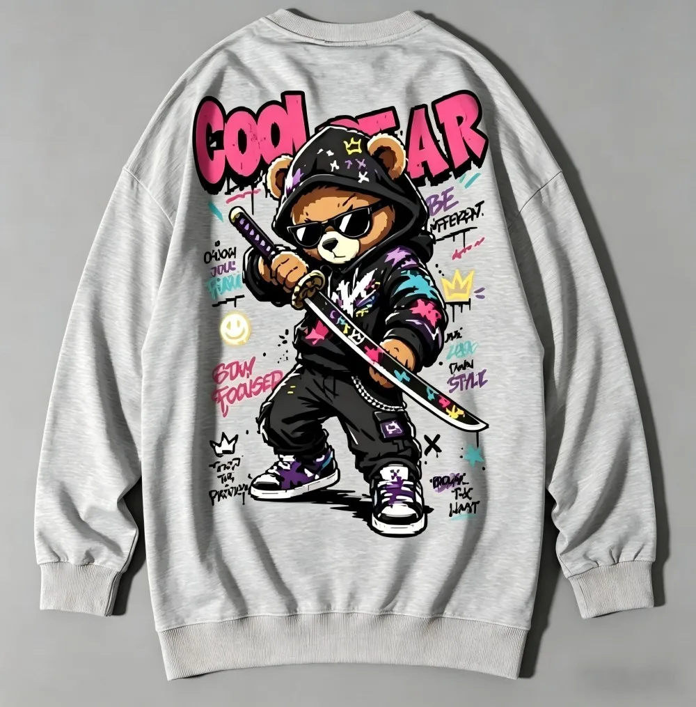 New Men's Autumn Teddy Bear Warrior Knife Printed Micro Elastic Comfortable Round Neck Long Sleeve T-shirt Outdoor Street Top