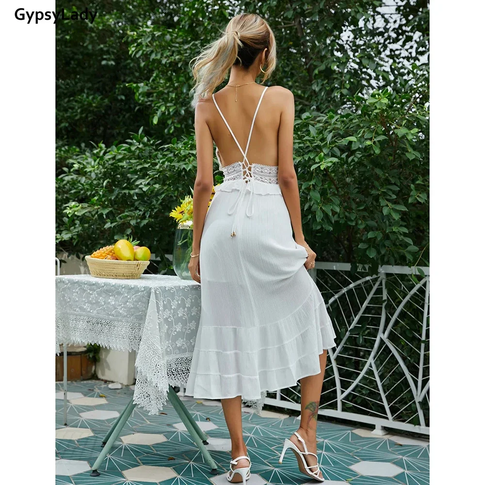 GypsyLady – robe Maxi en dentelle blanche, 100% coton, Vintage, vacances, robe d'été, à volants, dos nu, style Boho, Sexy, robes de plage