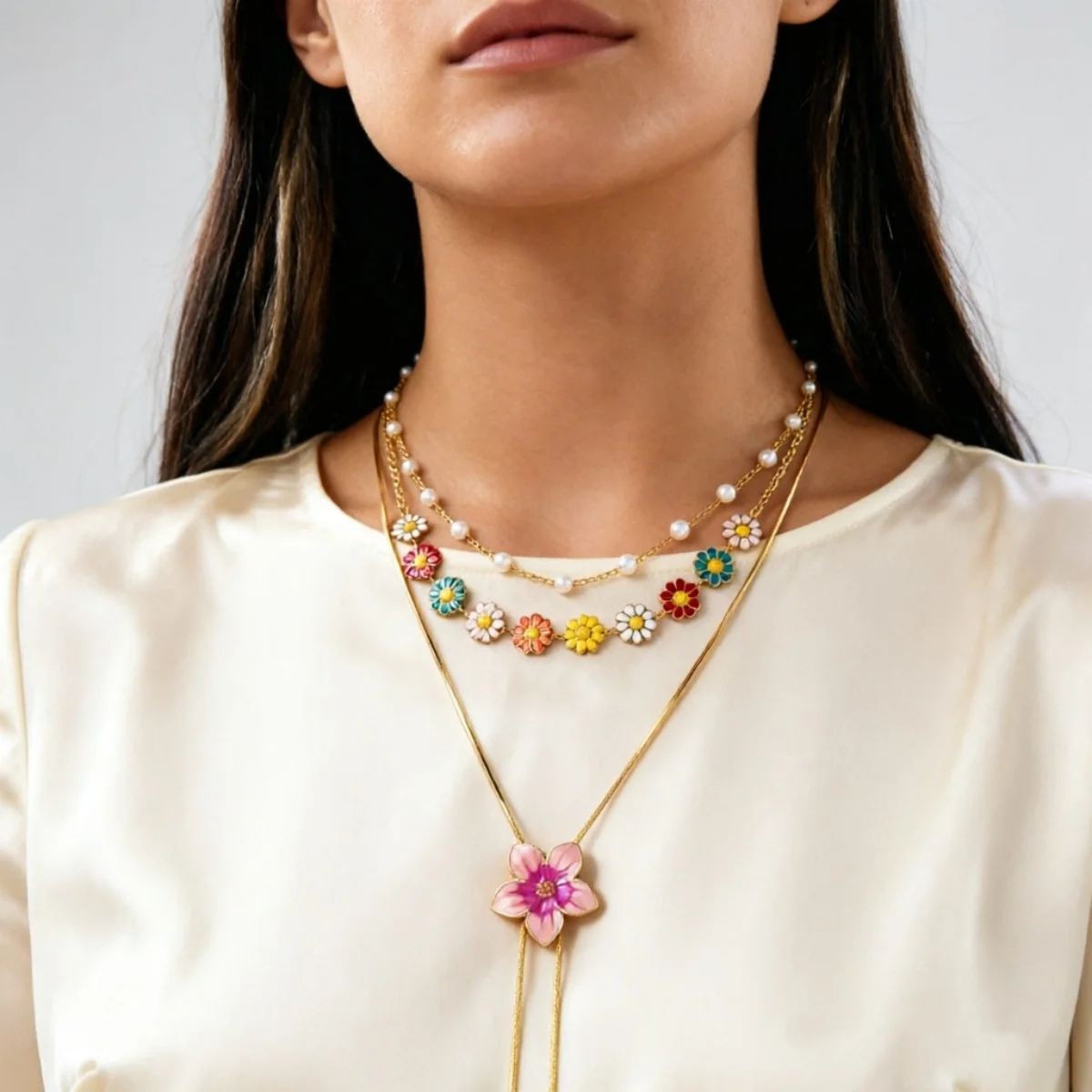 Süße, bunte Emaille-Halskette mit winzigen Gänseblümchen, Schlangenkette, Y-förmiger Quaste und simulierten Perlen für Damen, florales Choker-Schmuckstück – Detail 19