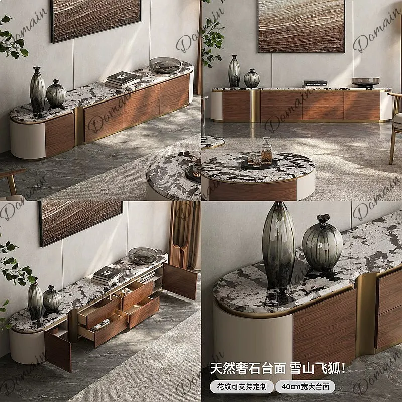 Modern Vintage Natural Marble TV Cabinet Coffee Table Set Solid Wood Living Room Villa Storage Console