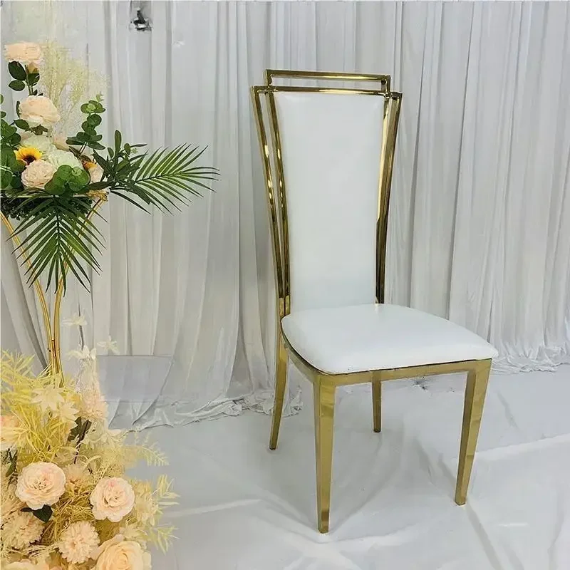 

Modern upscale dining room chairs leather and metal stainless steel gold for wedding banquet event