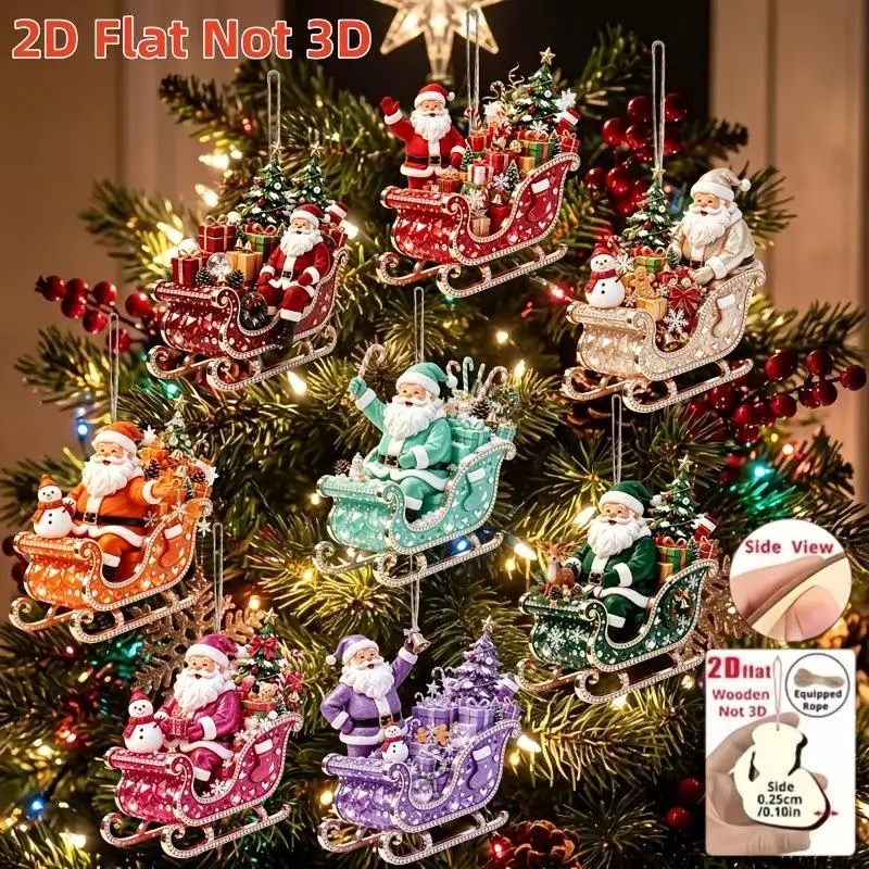 8Pcs Christmas Wooden Sled Santa Claus 2D Flat Pendant Christmas Tree Hanging Decor Perfect Holiday Gift