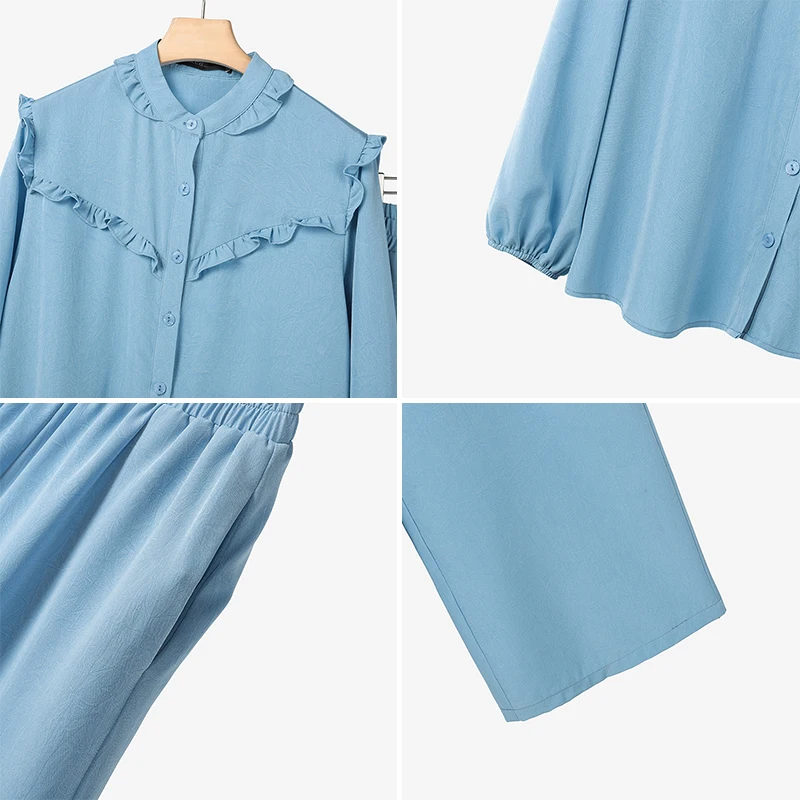 ZANZEA Fashion Women Pant Sets Autumn Spring Casual Long Sleeve Shirt and Long Wide Leg Pants Solid Elegant 2 Piece Outfits 2PCS