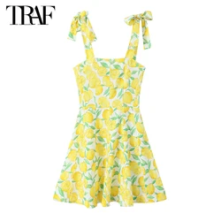 TRAF Print Slip Mini Dress Women Summer Beach Dress Woman Straps Backless Short Dresses for Women Streetwear Holiday Dress Women