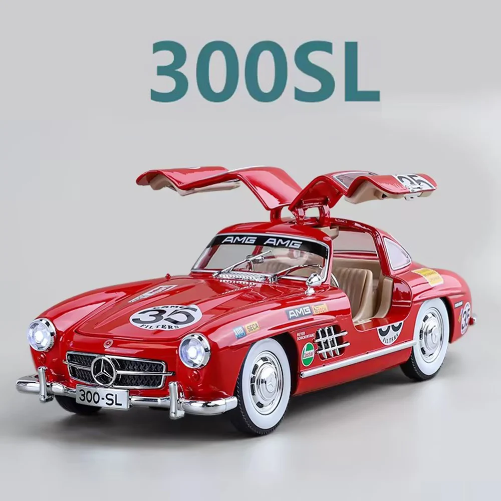 

1/24 300SL винтажная модель автомобиля, игрушки из сплава, литая под давлением печатная версия, 4 двери, открытые резиновые шины, звуковой свет, игрушка с откатным механизмом, подарки для детей