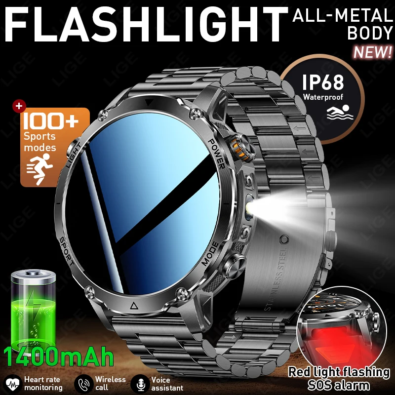 

2026 New Military 1400mAh Battery Smart Watch Men Outdoor Flashlight IP68 Waterproof Heart Rate Bluetooth Call Sports Bracelets