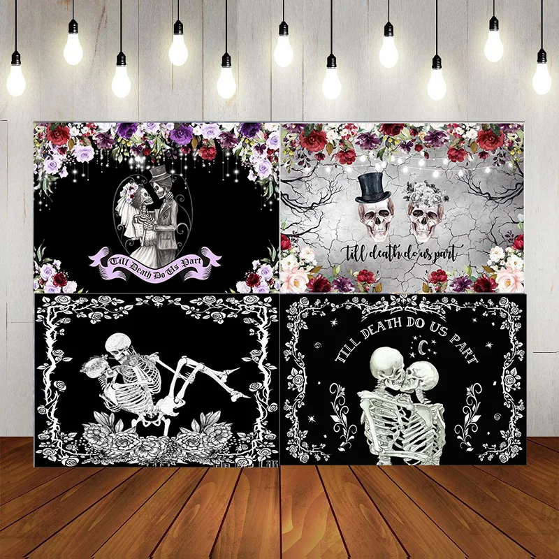 Halloween Till Death Do Us Part Photography Bridal Groom Spooky Backdrop Skeleton Anniversary Party Background Decor Banner