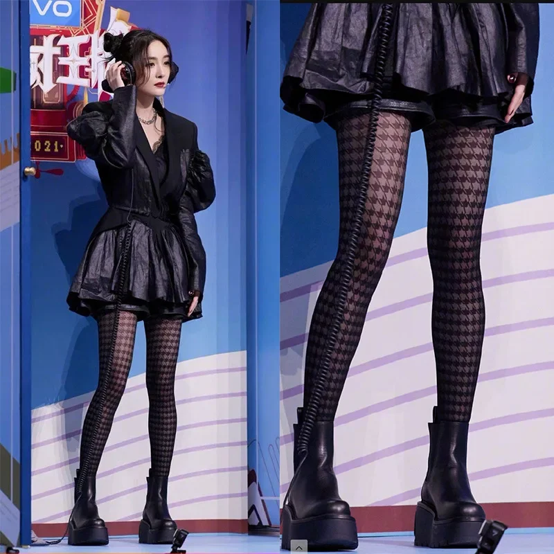 Bas Lolita de style étoile pour femmes, collants Lcae à grille, noir, blanc, pied-de-poule, nœud papillon, fille japonaise, sexy, cosplay Loli