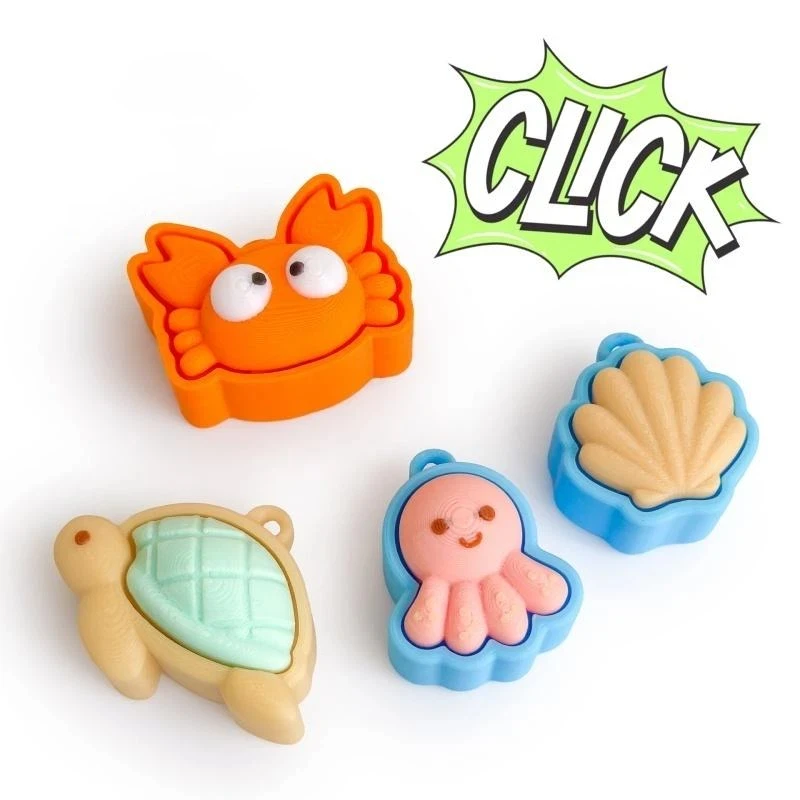 Niedlicher Tier-Schildkröten-Klicker-Schlüsselanhänger, Mini-Klicker-Mechanismus, 3D-gedruckter Schlüsselanhänger, Muschel-Krabben-Plastik-Knopf-Klicker-Schlüsselring – Detail 2
