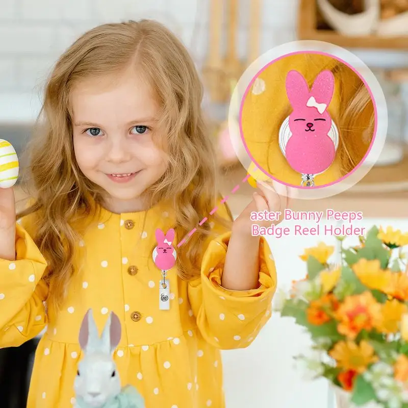 Держатель для удостоверения личности с милым кроликом, акриловый блестящий выдвижной пасхальный зажим, бейдж, катушка, держатель для карт для врачей, медсестер, студентов, учителей