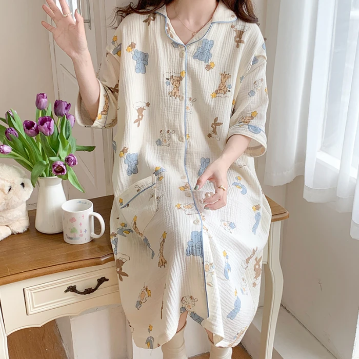 100% Cotton Double Gauze Nursing Nightdress for Maternity Summer Soft Thin Floral Printed Sleepwear Pregnancy Home Hospital Wear