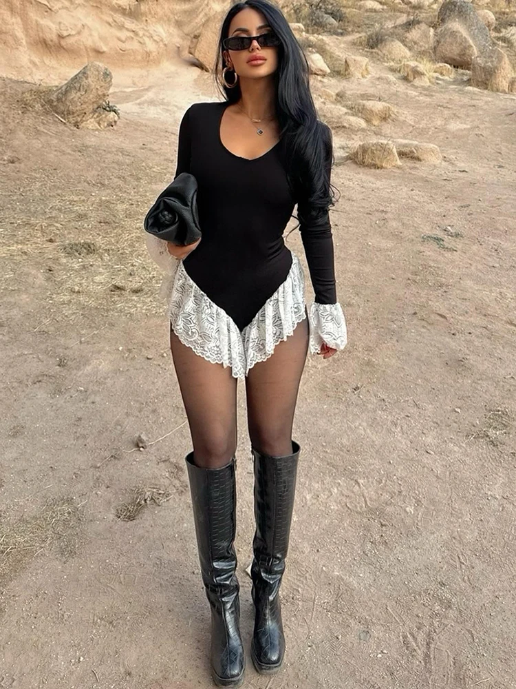 NIBBER ティアード パッチワーク レース ボディスーツ レディース フレア スリーブ ストレッチ スキニー セクシー ファッション ミッドナイト スイート ミュージック フェスティバル ストリートウェア