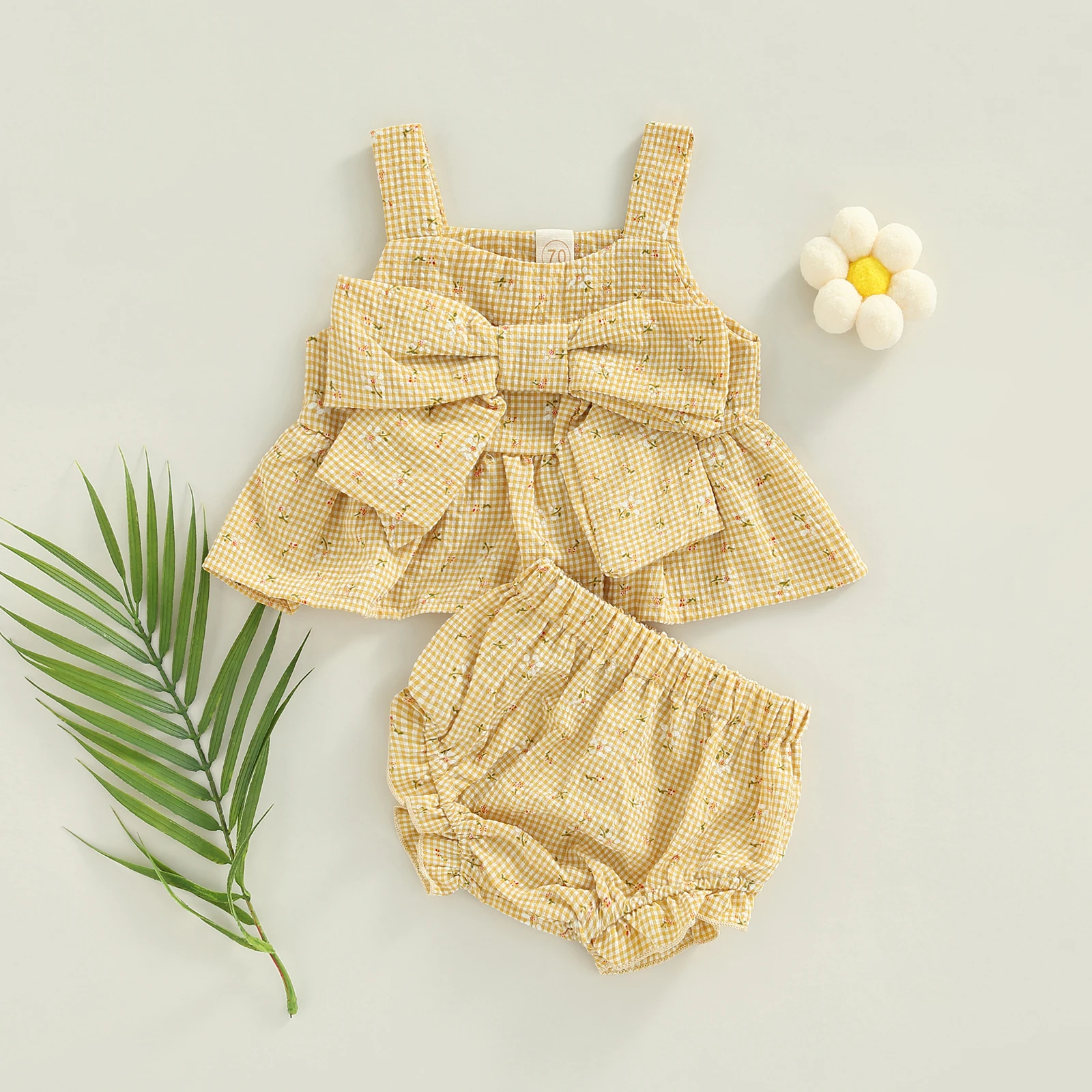 Lovey Toddler Infant Baby Girls 2 Pcs Outfits Suit Summer Plaid Pattern Floral Printed Bowknot Ruffles Vest Tops Shorts Clothes