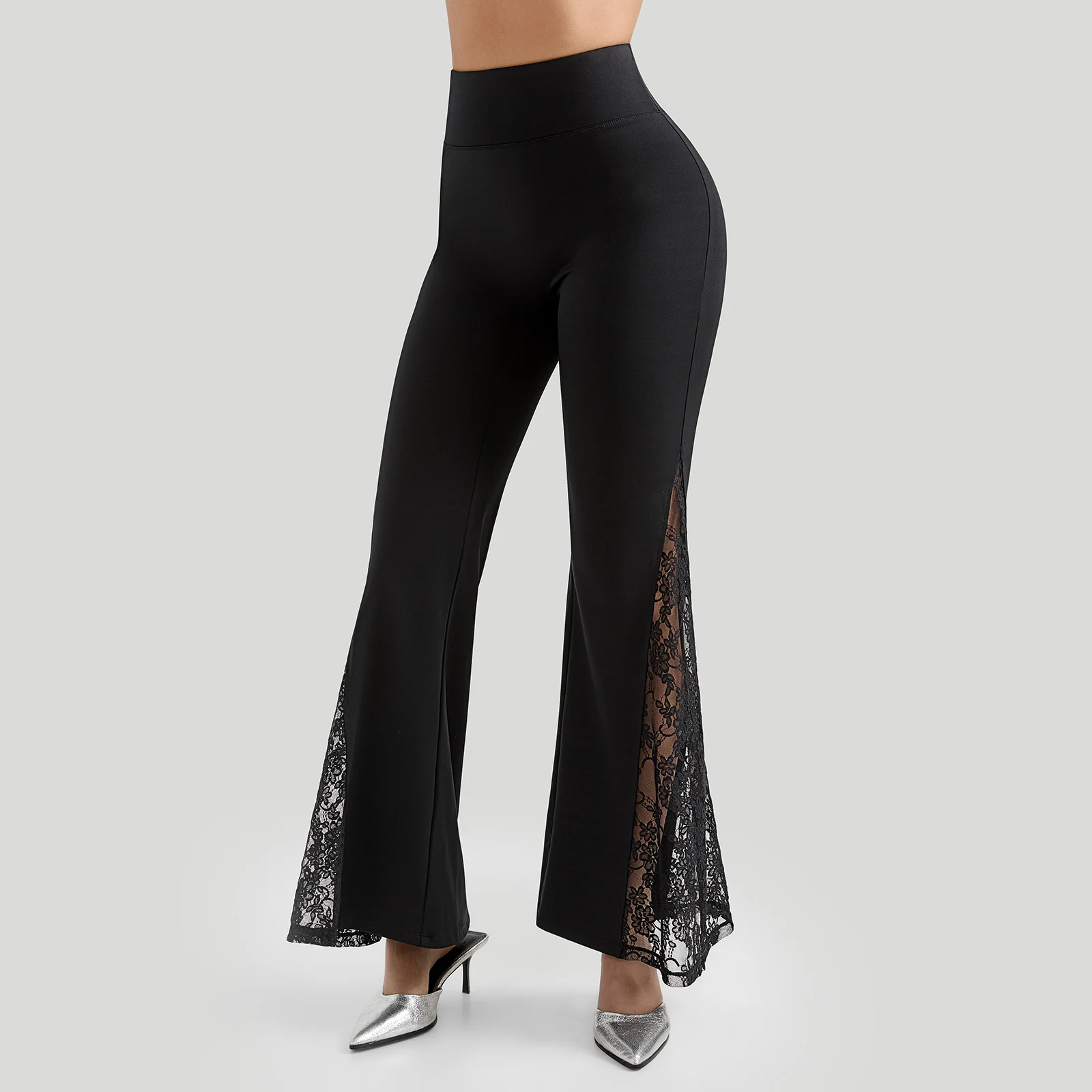 Women Punk Sexy See Through Lace Patchwork Flare Pants Streetwear High Waist Wid Leg Vintage Trousers Y2k Pants Female