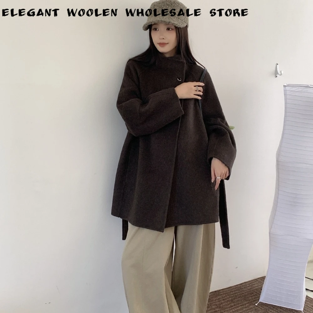 Women's Wool Jacket with Shawl Collar Belted Wrap Short Oversized Heavyweight Coat Winter Fashion Warm Swear for Daily Wear