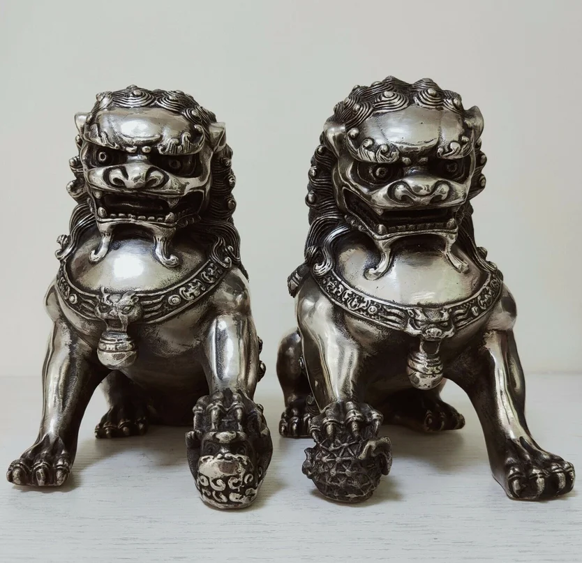 8inch Big Tibet silver Fu Foo Dog Guardian lion argent lucky statues Pair