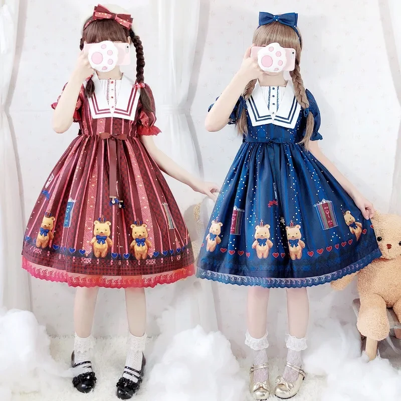 Original Crown Bear Lolitaprintingop Dress Soft Kawaii Women's Short Sleeves Lolita Maid Costume Cute Female Fashion Clothing