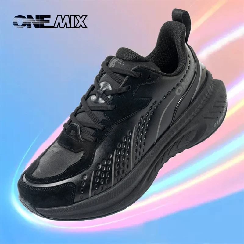 ONEMIX Winter Running Shoes for Men Leather Warm Sport Shoes Wear-resistant Female Jogging Training Shoes Black Walking Sneakers