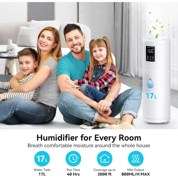 Humidifiers for Large Room Home Bedroom 2000 sq.ft. 17L/4.5Gal Large Humidifier with Extension Tube & 4 Speed Mist