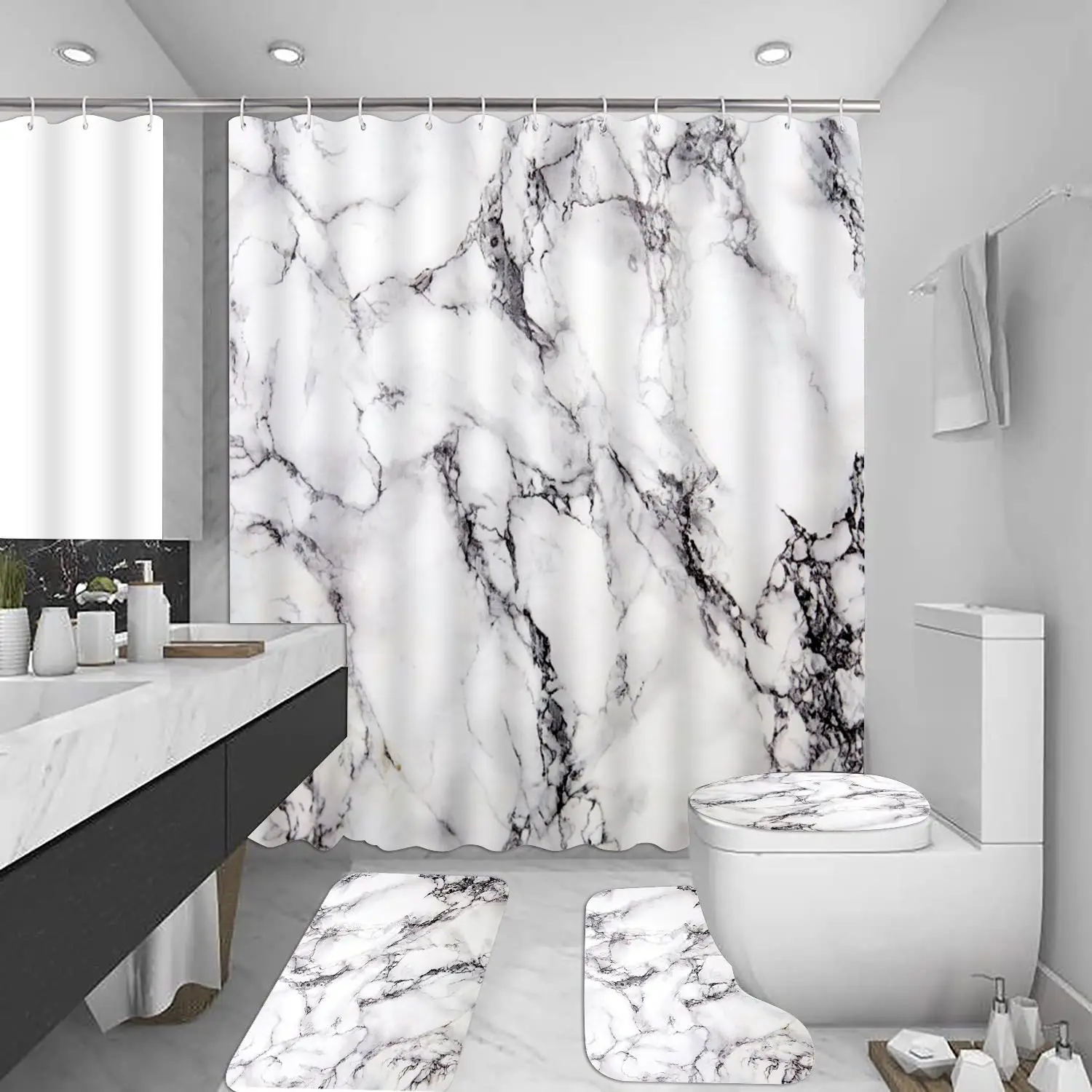 Marble Shower Curtain Set Waterproof Bathroom with Floor Mat Toilet Cover Polyester Home Decoration