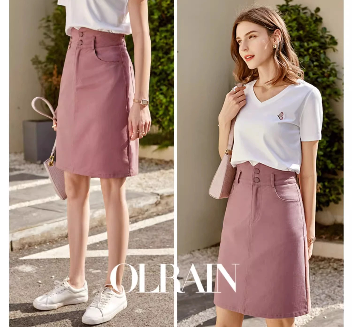 OLrain Women's Short Pink Denim Skirt Ladies Fashion 2025 Summer High Waist A Line Mini Jeans Skirt Female Clothing O21XB38306