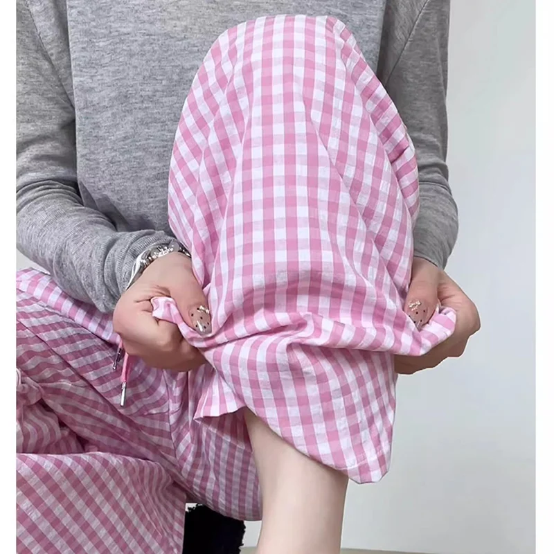 2025 New Female Korean Wide Leg Pants Girls Chic Patchwork Plaid High Waist Slacks Lady Fashion Casual Daily Trousers