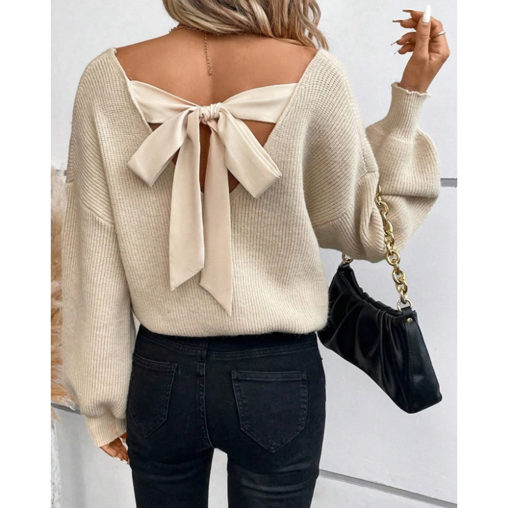 

2025 New Autumn Women's V-Neck Solid Color Bowknot Sweater Long Sleeve Casual Loose Knit Top For Fall Fashion Outfit