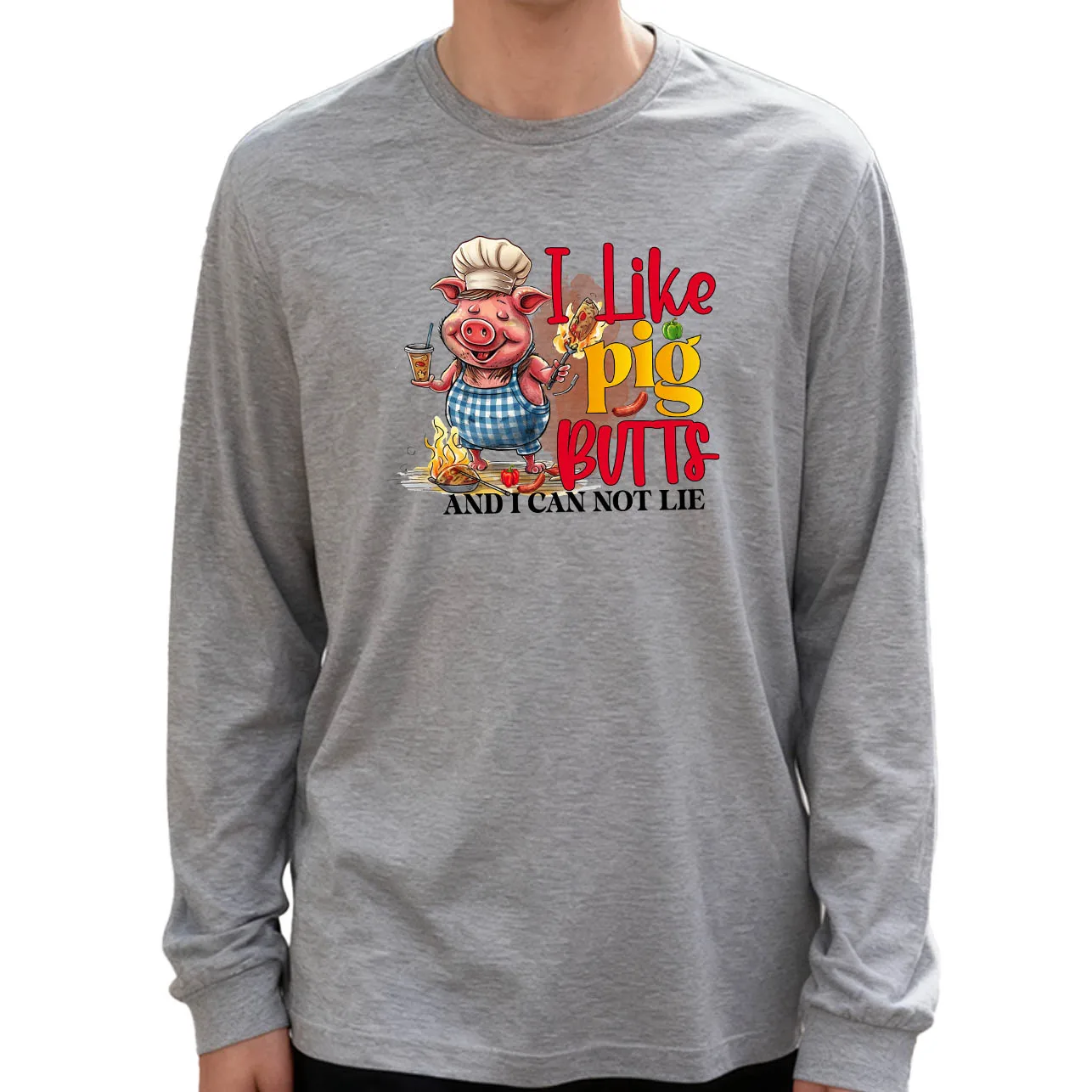 I Like Pig Butts Heren T-shirt met lange mouwen 180g 100% katoen Bedrukt Ronde hals Casual Dagelijks gebruik Zacht en ademend