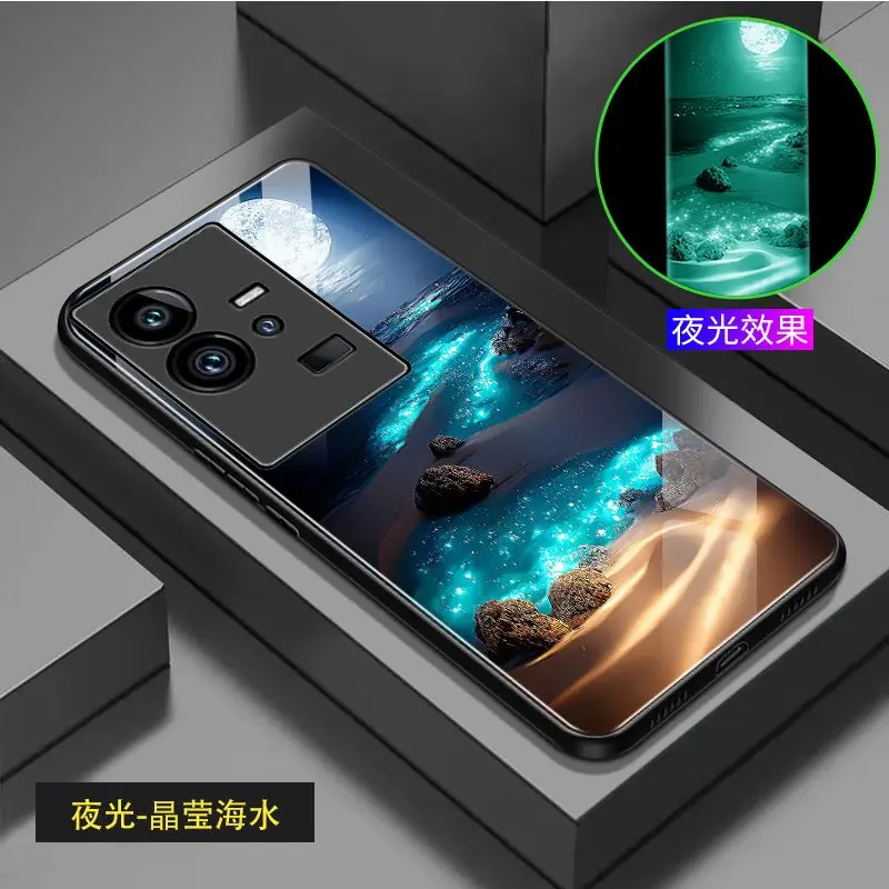 Luminous Tempered Glass Phone Case For Vivo iQOO 11 Pro Case Beach pattern Glowing Dark Cover For iQOO 11S Case Cover