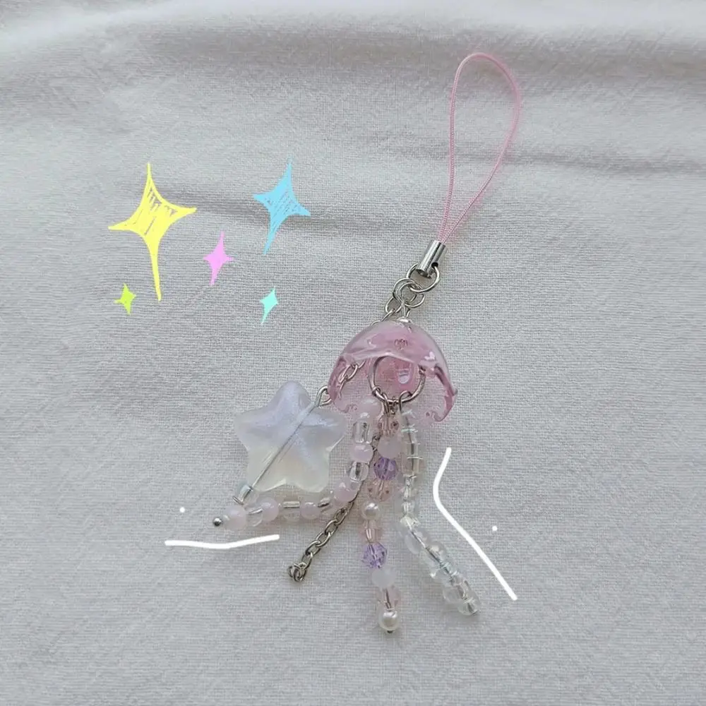 Purple Pink Jellyfish with Star Cottage Core Y2K Beaded Phone Charm Key Chain Handmade