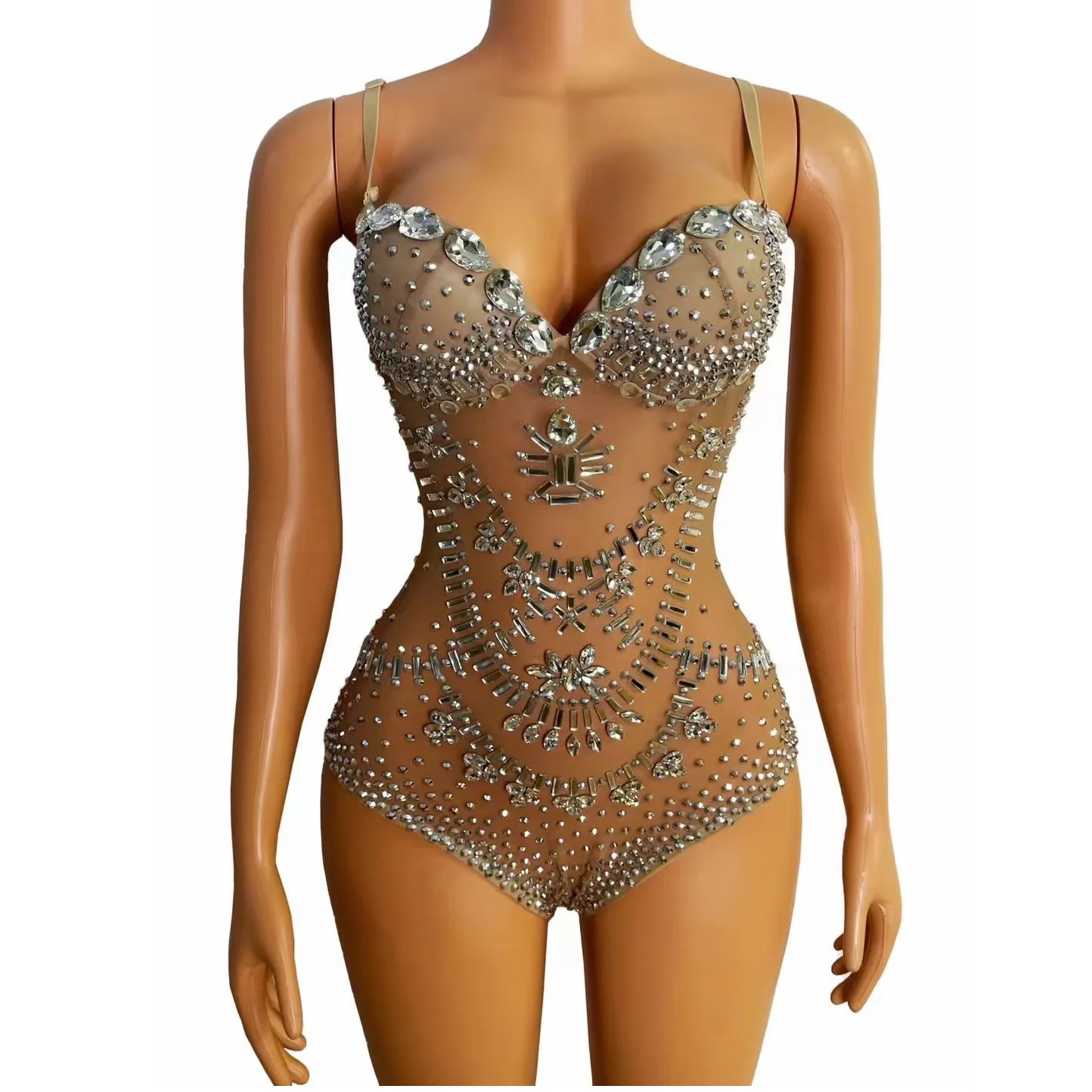 

Nude Spaghetti Strap Shining Rhinestones Crystal Sexy Bodysuits For Women Nightclub DJ Clothing Singer Prom Stage Costumes