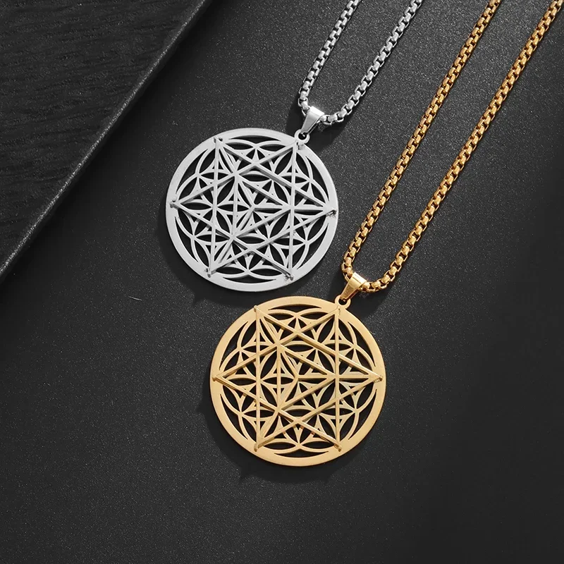 Exquisite Stainless Steel Witch's Knot Flower of Life Hexagram Pendant Necklace for Men and Women Fashion Casual Jewelry Gift