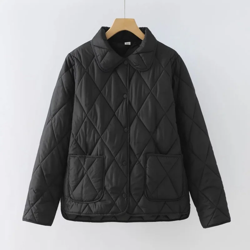 

Женское зимнее теплое хлопковое пальто 2025 – Модная стеганая куртка-пуховик с ромбовидным узором, повседневная плюшевая куртка оверсайз с отложным воротником j150