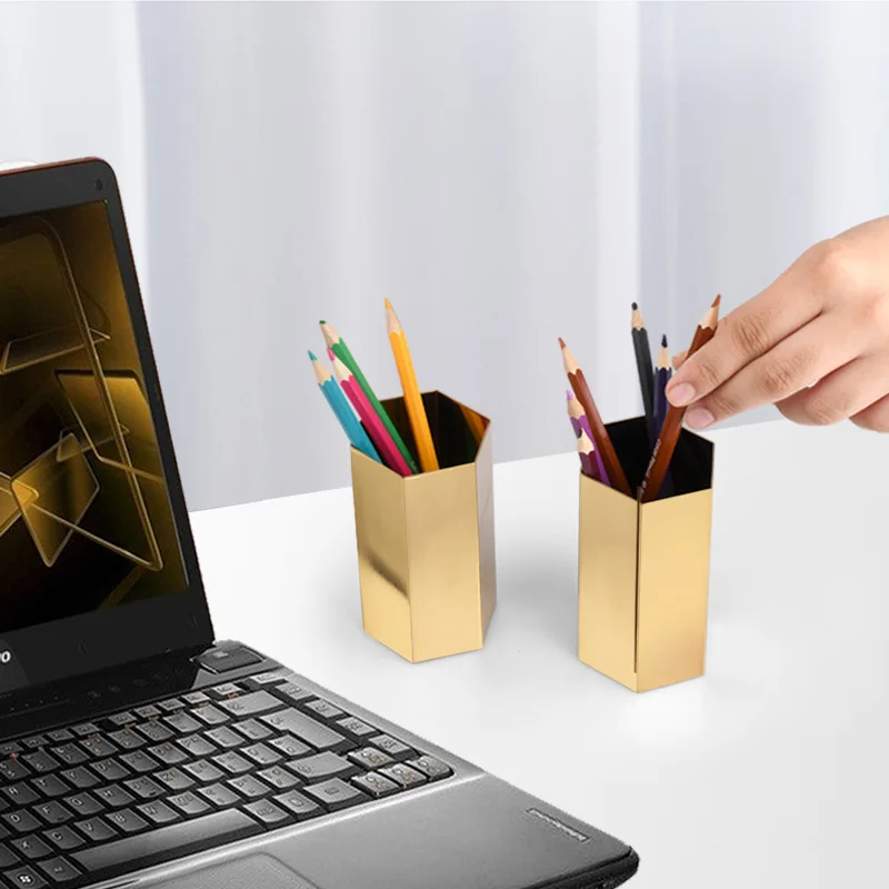 Gold Hexagonal Multifunction Desk Organizer Container Pen Pencil Holder Makeup Brush Storage Box Desktop Storage for Home Office