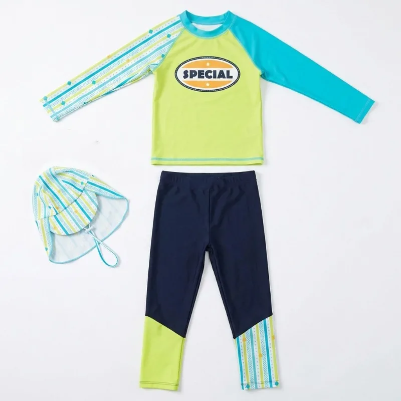 Children UPF50+ Split Swimwear Set Stripe Splicing Long‑sleeve Bathing Suit for Beach Surfing Boys Rash Guard