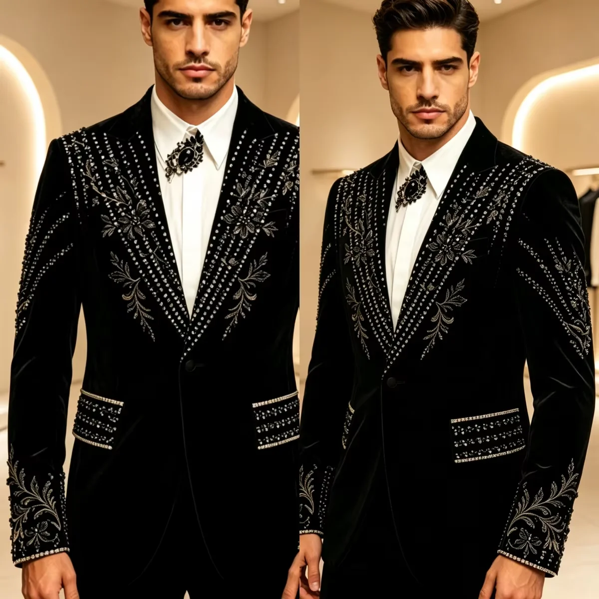 Men's 2-Piece Formal Suit Luxury Rhinestone Beaded Peaked Lapel Two Button Celebrity Party Prom Wear Customized Set