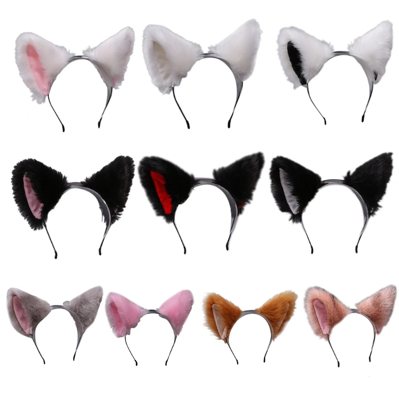 652F Realistic Cats Ear Furry Plush Headbands Japanese Hair Hoop Accessory for Anime Cosplays Carnivals Birthday Partie