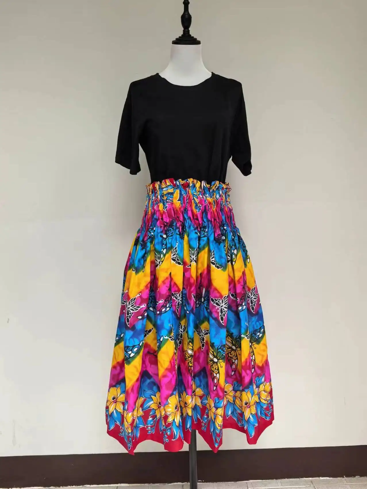 훌라 댄스 스커트 하이 웨이스트 맥시 하프 길이 레인보우 플로럴 프린트 A라인 스커트 프레시 스타일 폴리에스터 원단 여름 공연 스커트