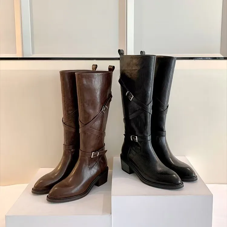 

Winter Vintage Cross Belt Buckle Woman Knight High Boots Pointed Toe Thick Heel Shoes Ladies Slip On Slim Modern Long Botas