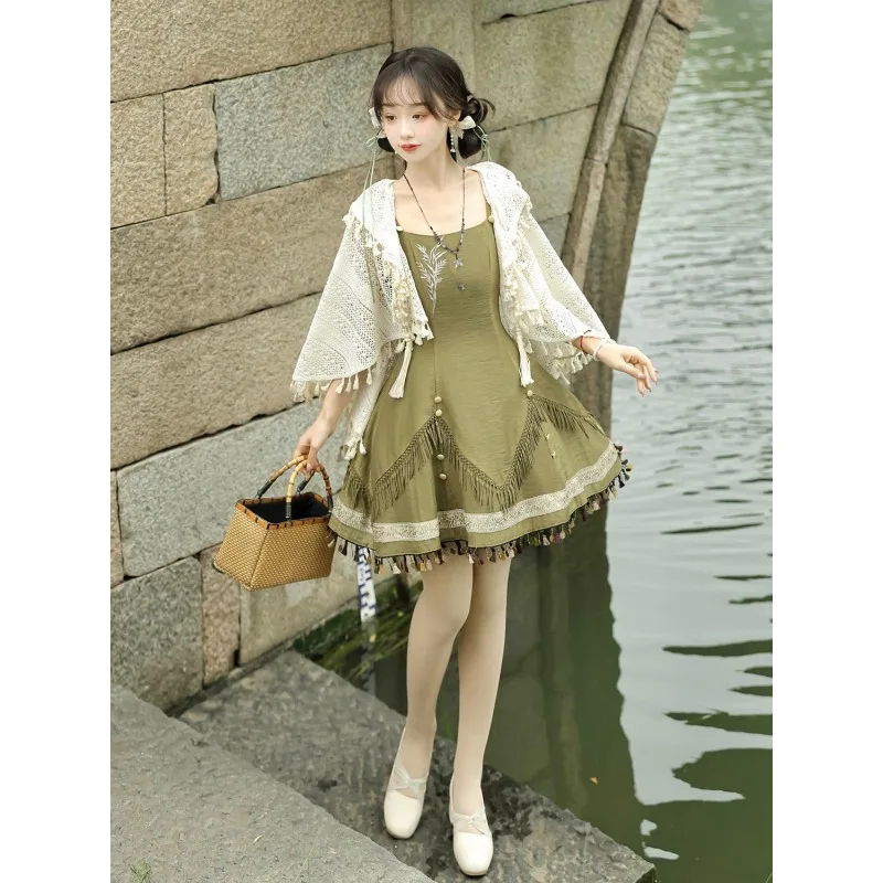 2024 Traditional Chinese Green Lolita Dress with White Tassel Shawl Women Summer Sweet Fairy Party Victorian Dresses Tea Party