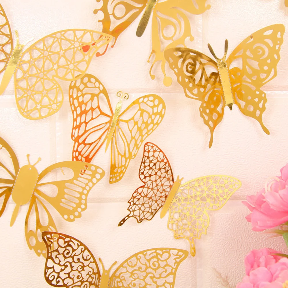 3D Metal Texture Hollow Simulation Three-Dimensional Butterfly Creative Design Wall Stickers Diy Home Double-Sided Tape