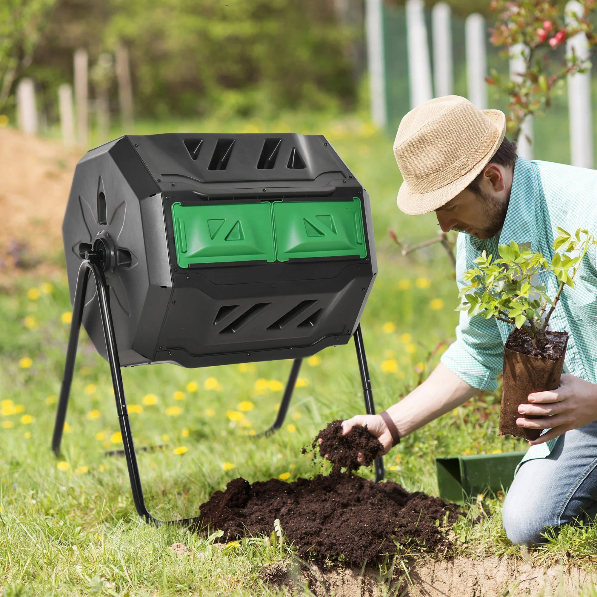 Composteur rotatif à double compartiment, bac à compost rotatif de 160 L avec rotation à 360° °   Rotation, 2 compartiments pour un compostage continu, structure en acier en forme de U, excellent système d'aération, portes coulissantes, efficace et durable pour les déchets organiques de cuisine et de jardin, noir