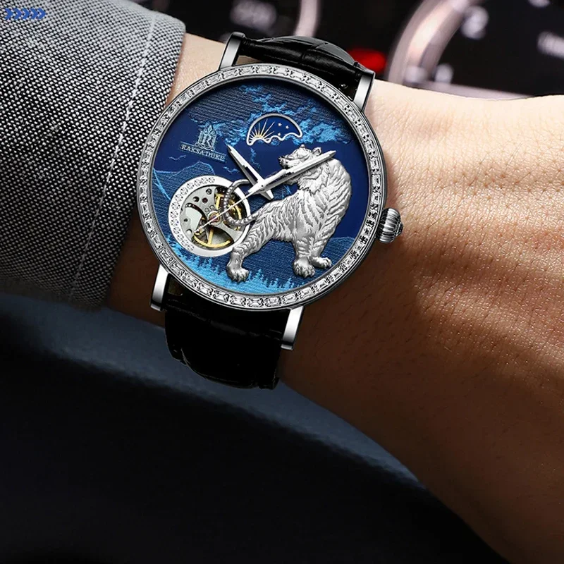 3D Carved Tiger Dial Diamond Skeleton Mechanical Watches for Men Tourbillon Moonphase Automatic Men's Watch Relogios Masculino