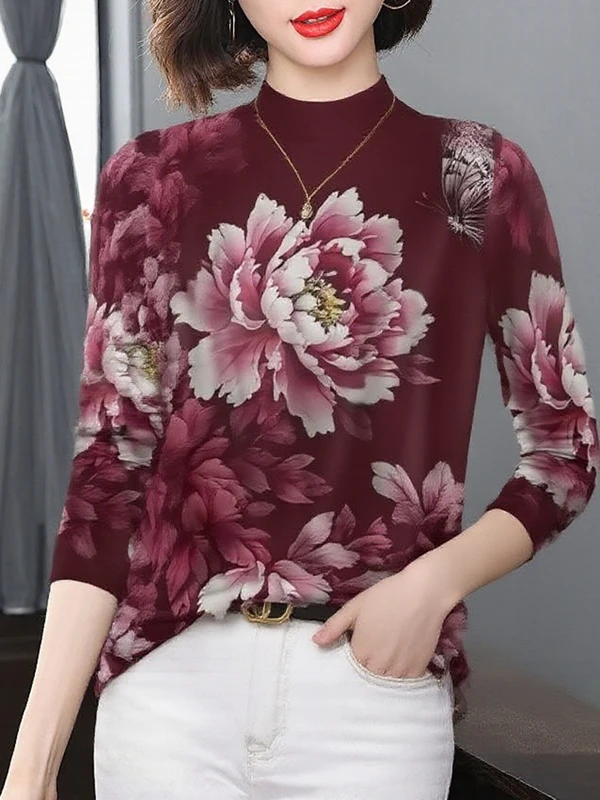 

2026 New Long Sleeve Half High Neck Print Base Shirt High End Warmth for Middle Aged And Elderly Women Versatile Belly Coveri...