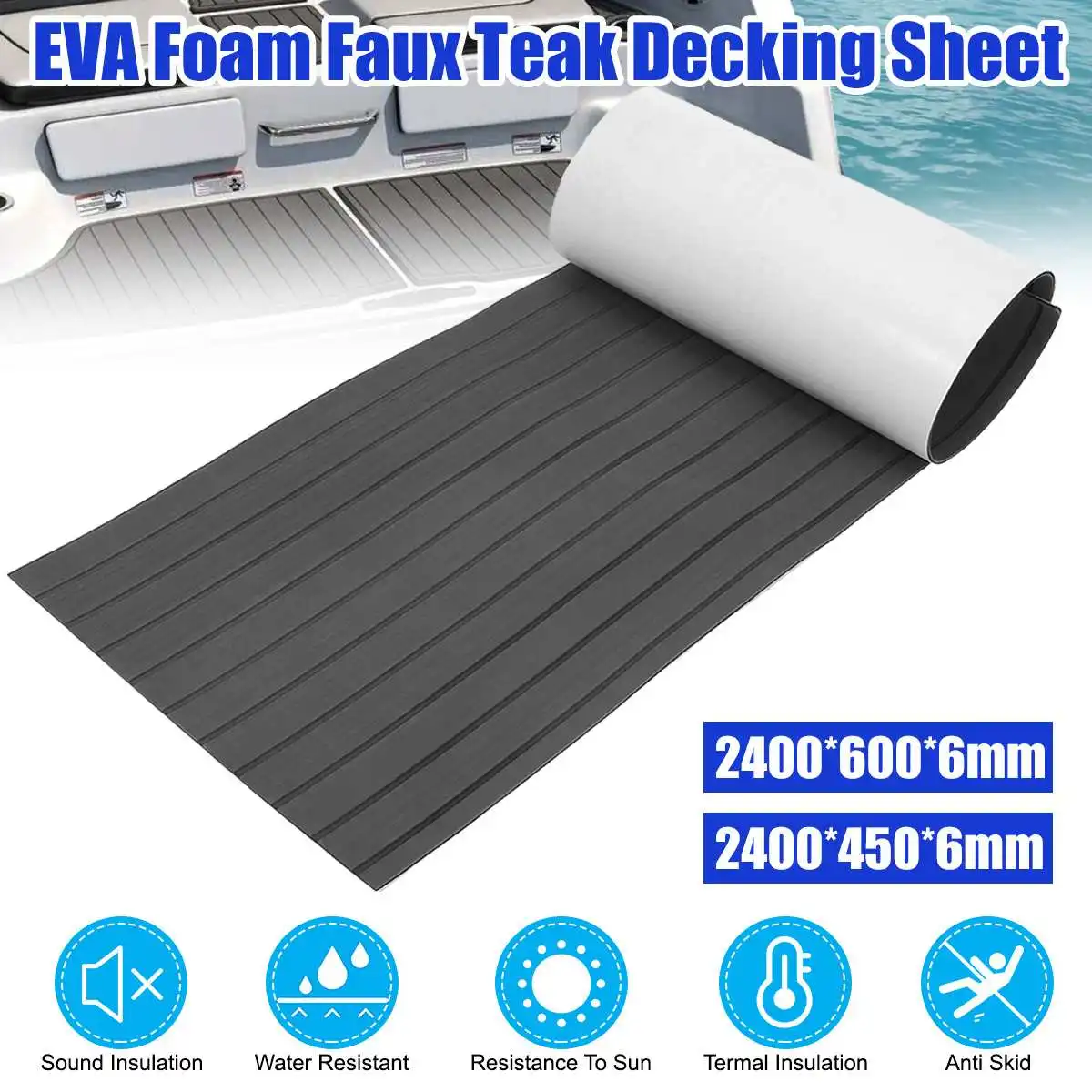 2400x600x6mm Self-Adhesive EVA Foam Faux Teak Decking Sheet Marine Flooring Boat Decking Sheet Gray Black Striped Pad Mat