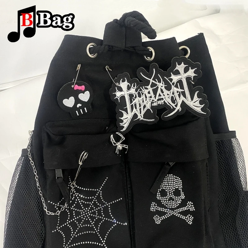 Y2K Gothic Women Girls punk Rock Backpack shoulder Bags Handbags Harajuku student punk Drawcord embroidery Backpacks totes