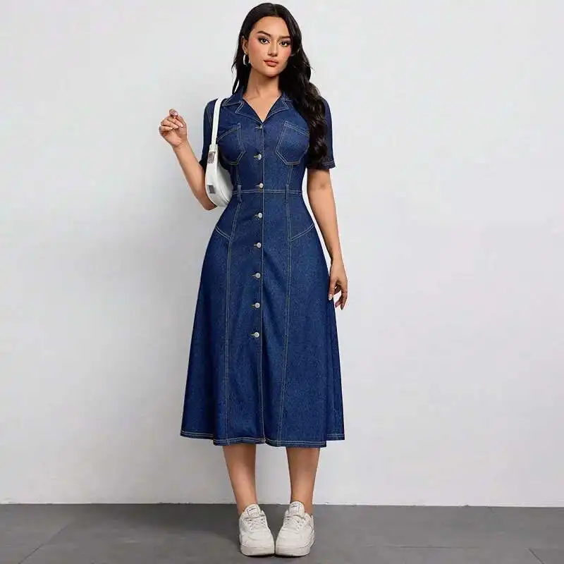 

Women's 218666 New Denim Waist Cinched Spring and Summer Thin Style High-end Temperament Anti-aging Dress Vestido Women Party