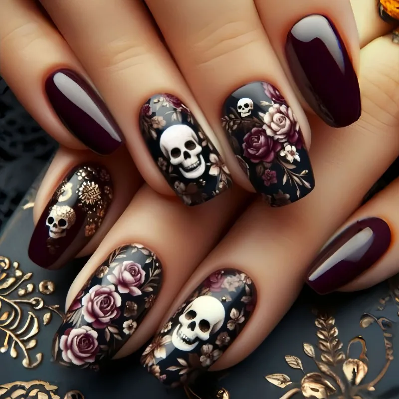 24 Pcs Halloween Nail Tips Medium Short Square False Nails with Glue Skull Plant Flower Nail Art Press on Nails with Sticky Tabs